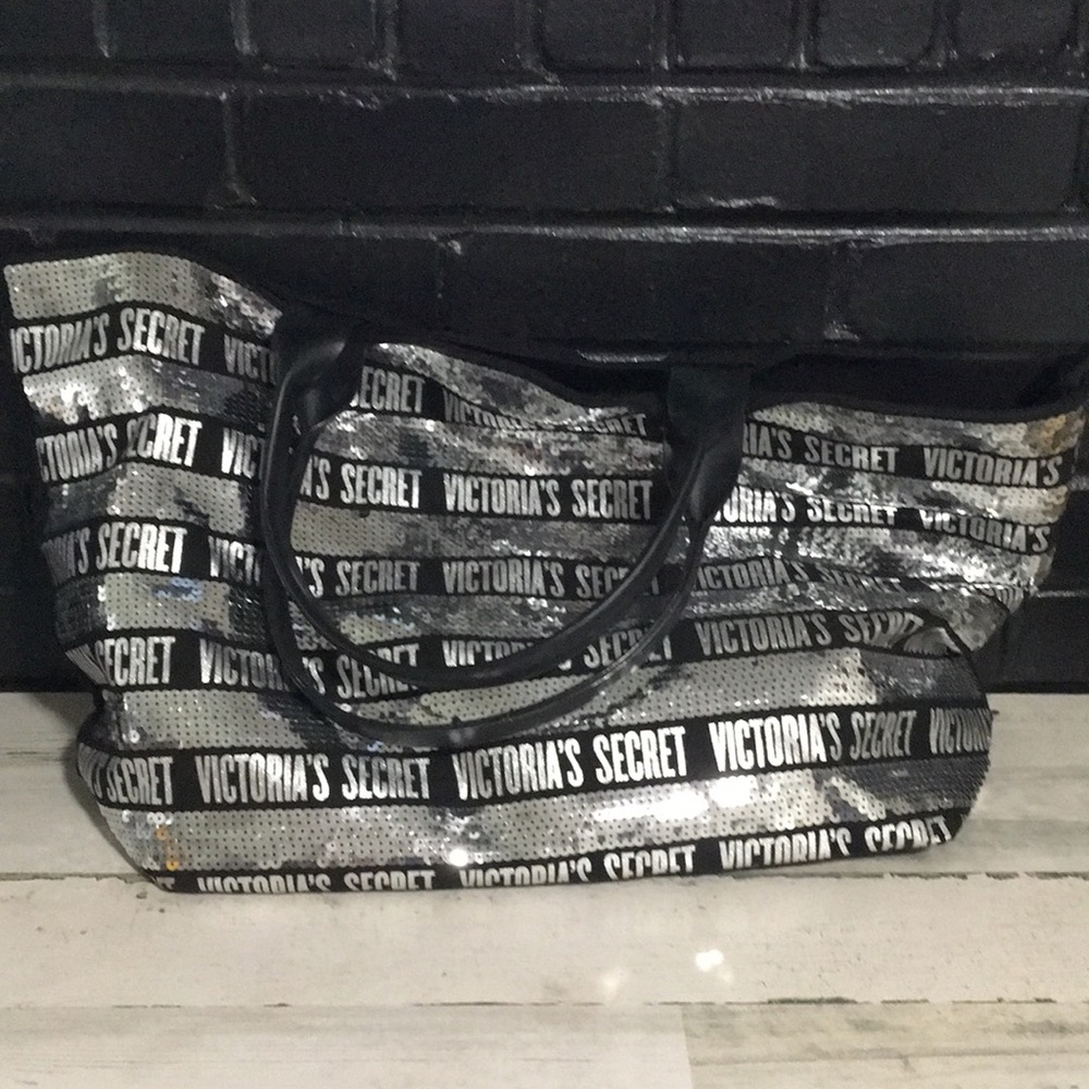 Victoria’s Secret large black and silver sequined tote bag with handles.